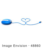 #48860 Royalty-Free (Rf) Illustration Of A 3d Blue Computer Mouse With The Cable Forming A Love Heart - Version 3
