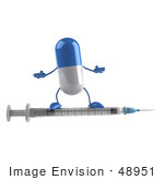 #48951 Royalty-Free (Rf) Illustration Of A 3d Blue And White Capsule Pill Mascot Standing On A Syringe