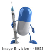 #48953 Royalty-Free (Rf) Illustration Of A 3d Blue And White Capsule Pill Mascot Holding A Syringe