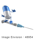 #48954 Royalty-Free (Rf) Illustration Of A 3d Blue And White Capsule Pill Mascot Standing And Surfing A Syringe