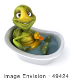 #49424 Royalty-Free (Rf) Illustration Of A 3d Green Turtle Mascot Wearing A Floaty And Standing In A Tub - Version 4