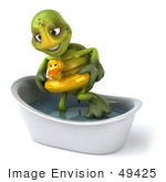 #49425 Royalty-Free (Rf) Illustration Of A 3d Green Turtle Mascot Wearing A Floaty And Standing In A Tub - Version 2