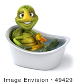 #49429 Royalty-Free (Rf) Illustration Of A 3d Green Turtle Mascot Wearing A Floaty And Standing In A Tub - Version 3