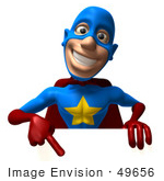 #49656 Royalty-Free (Rf) Illustration Of A 3d Masked Superhero Pointing Down At A Blank Sign