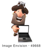 #49668 Royalty-Free (Rf) Illustration Of A 3d Pirate Character Holding And Pointing To A Laptop