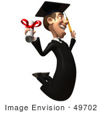 #49702 Royalty-Free (Rf) Illustration Of A 3d College Graduate Jumping With A Rolled Diploma - Version 3