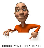 #49749 Royalty-Free (Rf) Illustration Of A 3d White Man Pointing Down And Standing Behind A Blank Sign - Version 2