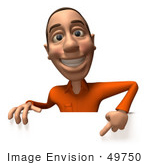 #49750 Royalty-Free (Rf) Illustration Of A 3d White Man Pointing Down And Standing Behind A Blank Sign - Version 1
