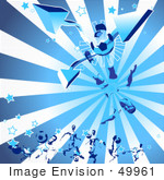 #49961 Royalty-Free (Rf) Illustration Of A Blue Background Of A Soccer Player Kicking A Ball With Arrows Stars And Rays