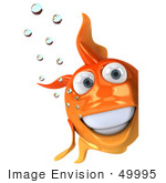 #49995 Royalty-Free (Rf) Illustration Of A 3d Goldfish Mascot With Bubbles Smiling And Looking Around A Sign