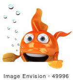 #49996 Royalty-Free (Rf) Illustration Of A 3d Excited Goldfish Mascot With Bubbles Holding A Blank Sign Board