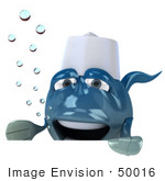 #50016 Royalty-Free (Rf) Illustration Of A 3d Blue Chef Fish Mascot Over A Blank Sign