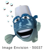 #50037 Royalty-Free (Rf) Illustration Of A 3d Blue Chef Fish Mascot Looking Around A Blank Sign