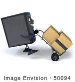 #50094 Royalty-Free (Rf) Illustration Of A 3d Computer Case Mascot Pushing Boxes On A Dolly - Version 2
