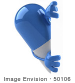 #50106 Royalty-Free (Rf) Illustration Of A 3d Blue Pill Capsule Mascot Looking Around A Blank Sign - Version 1