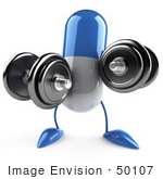 #50107 Royalty-Free (Rf) Illustration Of A 3d Blue Pill Capsule Mascot Lifting Weights