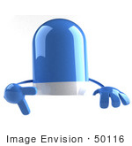 #50116 Royalty-Free (Rf) Illustration Of A 3d Blue Pill Capsule Mascot Pointing Down At And Standing Behind A Blank Sign - Version 2
