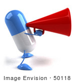 #50118 Royalty-Free (Rf) Illustration Of A 3d Blue Pill Capsule Mascot Speaking Through A Megaphone - Version 2