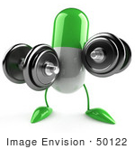 #50122 Royalty-Free (Rf) Illustration Of A 3d Green Pill Capsule Mascot Lifting Weights