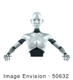 #50632 Royalty-Free (Rf) Illustration Of A 3d Female Robot Mascot Standing Behind A Blank Sign