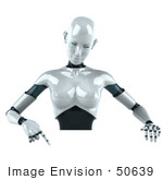 #50639 Royalty-Free (Rf) Illustration Of A 3d Female Robot Mascot Pointing Down And Standing Behind A Blank Sign