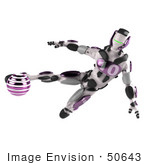 #50643 Royalty-Free (Rf) Illustration Of A 3d Athletic Male Robot Mascot Kicking A Purple Soccer Ball