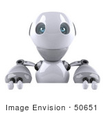 #50651 Royalty-Free (Rf) Illustration Of A 3d White Robot Boy Mascot Holding Up A Blank Sign