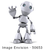 #50653 Royalty-Free (Rf) Illustration Of A 3d White Robot Boy Mascot Standing And Waving