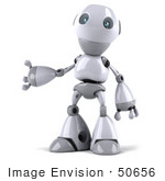 #50656 Royalty-Free (Rf) Illustration Of A 3d White Robot Boy Mascot Standing And Presenting