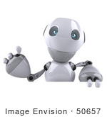 #50657 Royalty-Free (Rf) Illustration Of A 3d White Robot Boy Mascot Waving Over A Blank Sign
