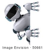 #50661 Royalty-Free (Rf) Illustration Of A 3d Futuristic Robot Mascot Looking Around A Sign