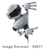 #50671 Royalty-Free (Rf) Illustration Of A 3d Futuristic Robot Mascot Pointing At A Blank Sign