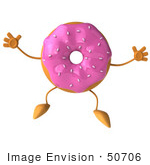 #50706 Royalty-Free (Rf) Illustration Of A 3d Pink Frosted Doughnut Mascot Jumping