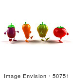 #50751 Royalty-Free (Rf) Illustration Of 3d Tomato Bell Pepper Carrot And Eggplant Characters Marching Right - Version 1