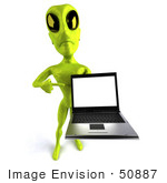 #50887 Royalty-Free (Rf) Illustration Of A 3d Green Alien Mascot Presenting A Laptop - Pose 4