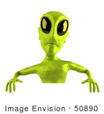 #50890 Royalty-Free (Rf) Illustration Of A 3d Green Alien Mascot Standing Behind A Blank Sign
