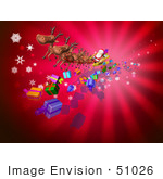 #51026 Royalty-Free (Rf) Illustration Of A 3d Santa And Reindeer Flying Over Gifts - Version 3