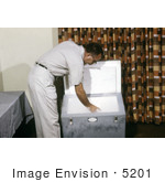 #5201 Picture Of A Field Researcher Placing Pint Cartons Containing Mosquito-Filled Tubes Into A Freezer To Preserve The Specimens