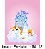 #56143 Clip Art Of A Cute White Unicorn Resting On A Cloud In Front Of A Blue Castle