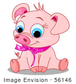 #56146 Clip Art Of An Adorable Pink Female Piggy Wearing A Pink Ribbon Sitting And Smiling