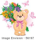 #56197 Royalty-Free (Rf) Clip Art Of Pink Butterflies Surrounding A Sweet Teddy Bear Holding A Floral Bouquet Behind Its Back