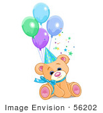 #56202 Clip Art Of A Cute Male Birthday Bear Wearing A Party Hat And Sitting With Balloons