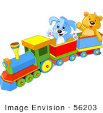 #56203 Clip Art Of A Happy Blue Puppy And Friendly Teddy Bear Enjoying A Train Ride