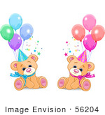 #56204 Clip Art Of Male And Female Twin Birthday Bears Wearing Party Hats And Sitting With Balloons