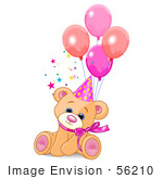 #56210 Clip Art Of A Cute Feale Birthday Bear Wearing A Party Hat And Sitting With Balloons
