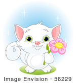 #56229 Clip Art Illustration Of An Adorable White Kitten With Green Eyes Holding A Pink Flower