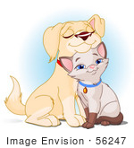 #56247 Clipart Illustration Of An Adorable Yellow Lab Puppy Cuddling With A Siamese Kitten