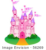 #56269 Clip Art Illustration Of A Pink Stone Castle With Flags And Green Landscaping