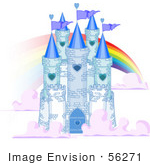 #56271 Clip Art Illustration Of A Blue Stone Castle In The Clouds With Flags And A Rainbow