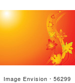 #56299 Royalty-Free (Rf) Clip Art Illustration Of A Gradient Orange Background With Sunlight And Autumn Leaves Floating In The Breeze